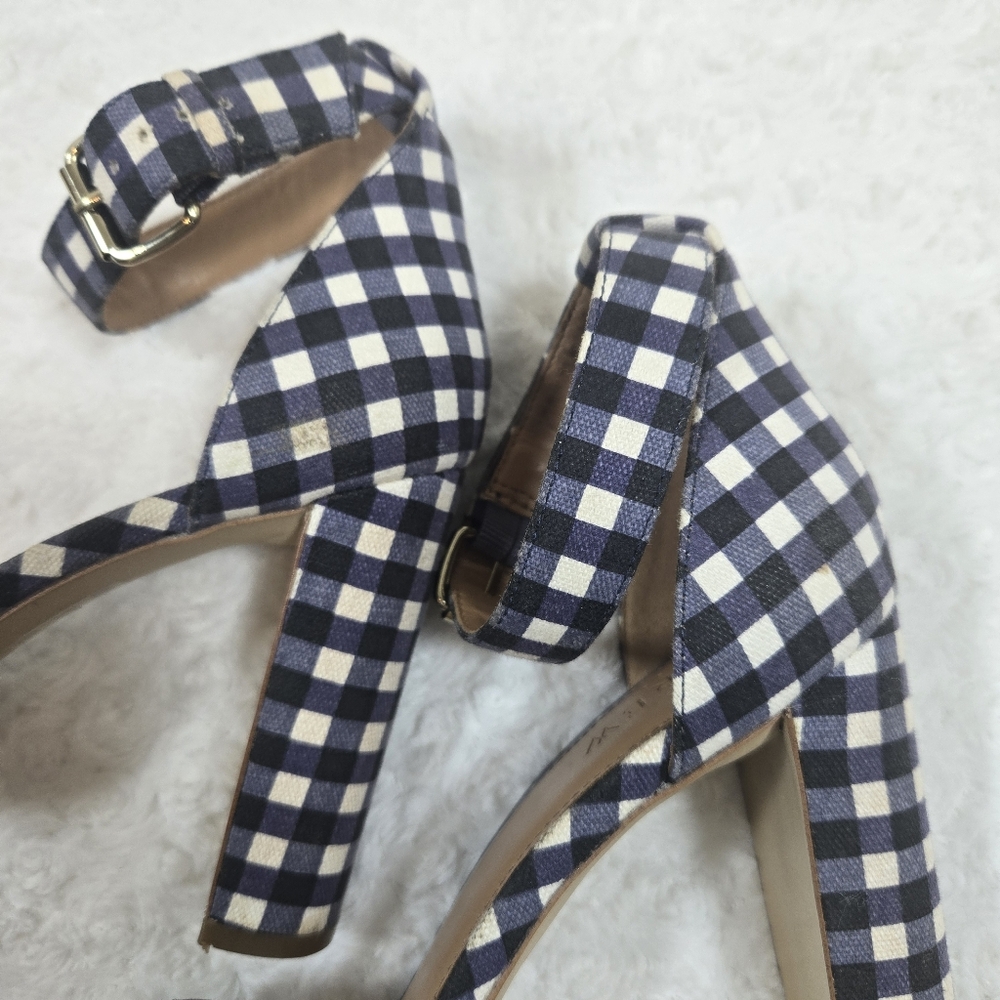 J Crew Gingham Heels Retro Chunky Ankle Strap Blue White Plaid - Picture 4 of 6
